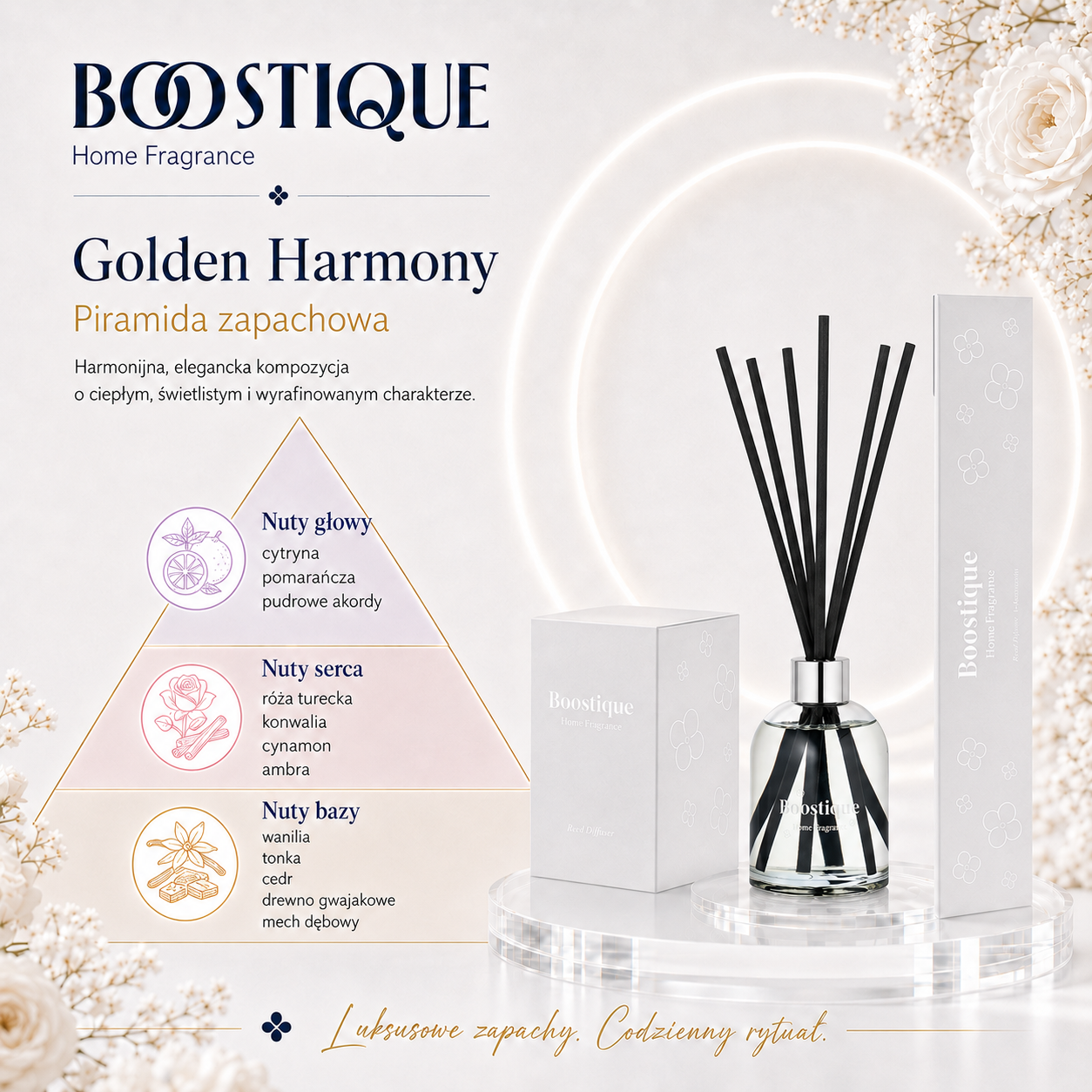 Dyfuzor zapachowy z patyczkami | Golden Harmony Boostique 4 Patyczki zapachowe Golden Harmony